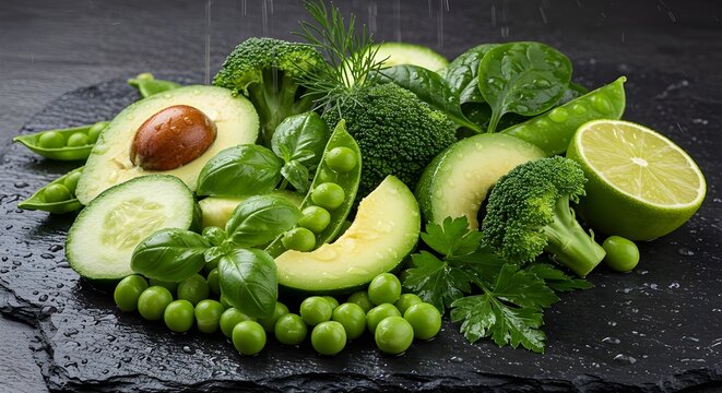 Dewy greens and avocado glow against rugged textured stone backdrop.