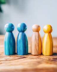 Wooden figures representing diversity in a warm, inclusive workspace atmosphere