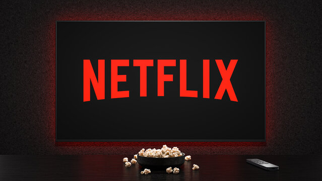 A TV showing the logo splash screen of Netflix, with a bowl of popcorn and TV remote in the foreground, render
