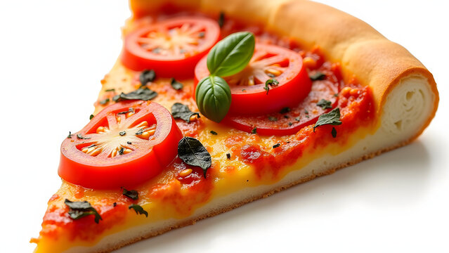 Slice of pizza topped with fresh tomatoes and herbs