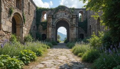 Naklejka premium Ancient archway surrounded lush greenery wildflowers