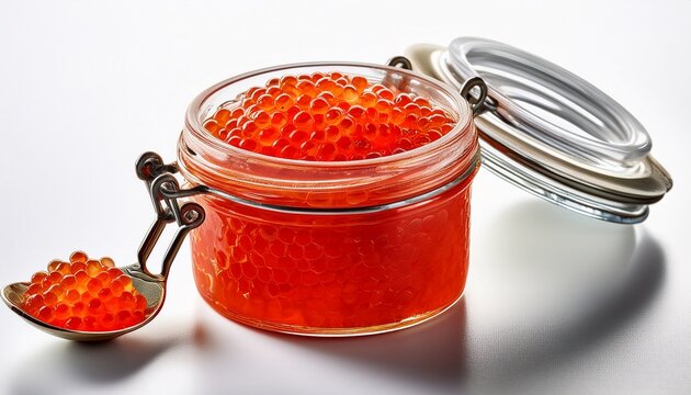bright red caviar displayed in glass jar with spoon on white background
