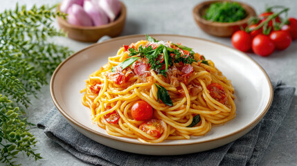 Delicious spaghetti with fresh tomatoes, herbs, and rich sauce, beautifully plated on white dish. vibrant colors and textures create inviting and appetizing presentation