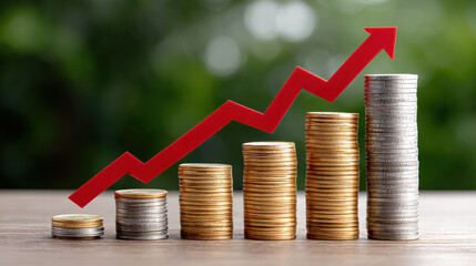 Coins stacked in ascending order with red arrow indicating growth, symbolizing financial success and investment strategies. background is blurred, enhancing focus on coins
