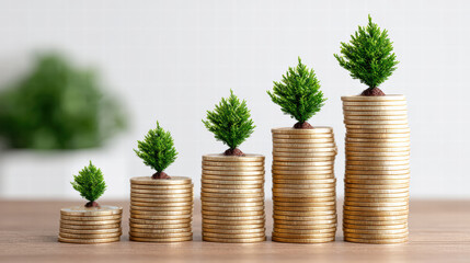 Visual representation of financial growth, featuring stacks of coins with small trees growing top, symbolizing investment and sustainability. image conveys sense of prosperity and environmental