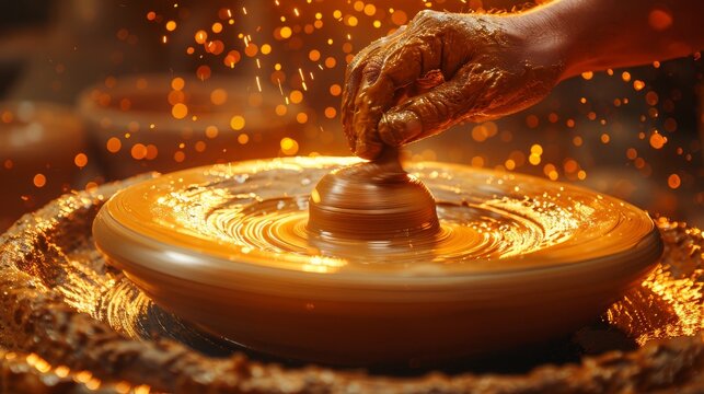 A skilled artisan delicately shapes a piece of clay on a pottery wheel, surrounded by an atmosphere filled with vibrant splashes of orange hues and artistic flair in motion.