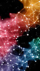 Vibrant abstract representation of interconnected nodes and lines, showcasing blend of colors including red, orange, green, and blue against dark background. This evokes sense of digital