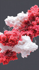 Abstract red and white organic shapes intertwined with network of lines, creating visually striking composition. design evokes sense of connectivity and complexity, perfect for modern art