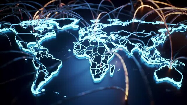 Dynamic animation of large data packets flowing through fiber optic cables across a global map, technology style