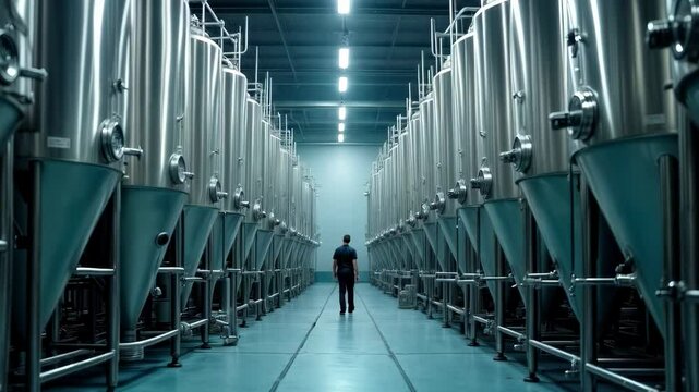 A person walks through an expansive brewery filled with stainless steel fermentation tanks, rows of equipment reflecting overhead lights