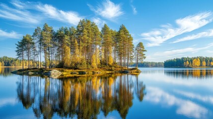 Autumnal Island Lake Reflection in Bright Sunlight