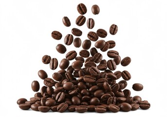 Roasted coffee beans suspended in mid-air against a dark background. Dynamic flying motion concept for energy, caffeine, and coffee advertising.