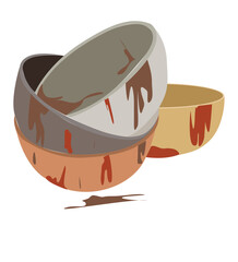 dirty bowl. Kitchen utensils and dinnerware with fat stains. piles of dirty dishes