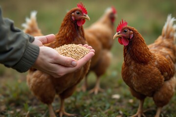 Free-range chickens on organic farm,Happy brown hens feeding on grass in a backyard farm environment with natural fencing