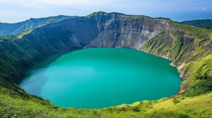 Aerial View of a Lush Green Crater Lake