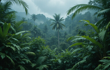 Colorful tropical rainforest scene with heavy rain, palm trees, and a dark moody evening atmosphere under cloudy skies