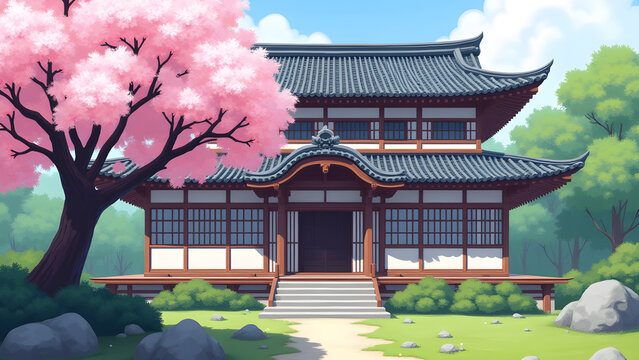 Traditional Japanese house with a beautiful zen garden featuring a blooming cherry tree