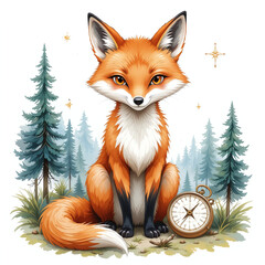 Cute traveler fox in forest holding compass, standing among trees. Adventure-themed animal illustration on white background
