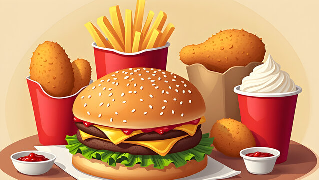 Big portions of fast food create an unhealthy meal with burgers, fries, fried chicken, nuggets, sauces and soda drinks