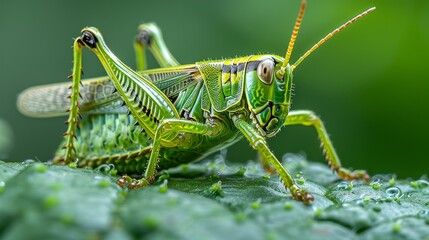 This stunning close-up image represents a green grasshopper perched on a leaf, highlighting the intricate details of nature, evoking a sense of curiosity and appreciation for wildlife.