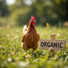Free-range chickens on organic farm,Happy brown hens feeding on grass in a backyard farm environment with natural fencing
