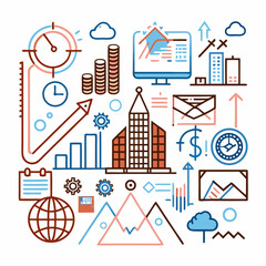 Naklejka premium Business growth illustrations with graphs and icons in flat style 