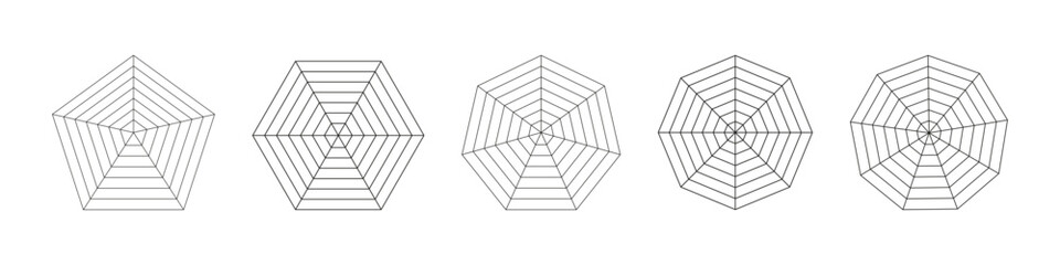 Obraz premium Radar, spider diagram templates. Black spider mesh patterns. Polygon graphs. Set of blank radar charts for statistic, analytic. Coaching tool. Grid with segments.