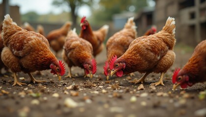 Free-range chickens on organic farm,Happy brown hens feeding on grass in a backyard farm environment with natural fencing