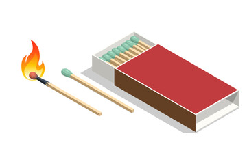 Isometric matches in a box, a match is burning, a match is lying on the table. Box of matches isolated on white background.