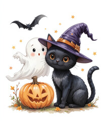 Cute black cat in witch hat and white ghost with pumpkin celebrate Halloween. Colorful illustration on white background