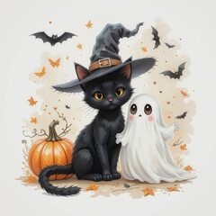 Cute black cat in witch hat and white ghost with pumpkin celebrate Halloween. Colorful illustration on white background