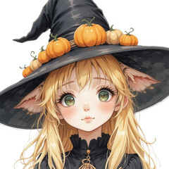 Cute anime girl in Halloween costume with pumpkin hat, green eyes, and blonde hair. White background. Perfect for seasonal designs.