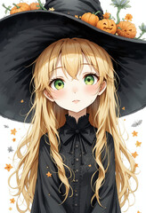 Cute anime girl in Halloween costume with pumpkin hat, green eyes, and blonde hair. White background. Perfect for seasonal designs.