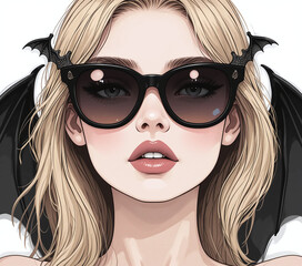 Charming blonde woman in bat-shaped Halloween glasses. Glamorous spooky portrait on white background, perfect for seasonal designs