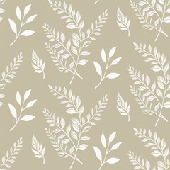 Modern seamless pattern with a variety of silver leaf branch silhouettes on a beige background. A clean and natural botanical design for fabric and wrapping paper.
