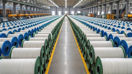 Obraz premium Large factory space filled with neatly arranged rolls of material, showcasing an organized industrial environment.