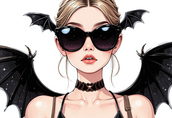 Charming blonde woman in bat-shaped Halloween glasses. Glamorous spooky portrait on white background, perfect for seasonal designs