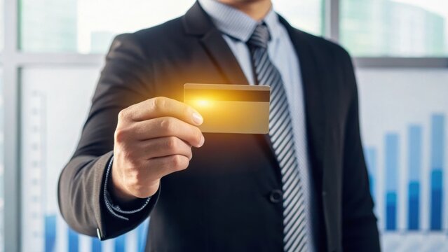 A businessman holds a credit card, symbolizing financial transactions and modern commerce against a backdrop of financial graphs.