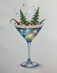 Elegant holiday cocktail in a glass with Christmas tree and festive decorations. Colorful illustration on white background