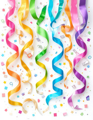 Colorful festive ribbons for birthday and celebration themes. Bright party elements on white background, perfect for cheerful designs