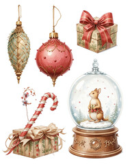 Christmas decorations including tree bauble, snow globe with cute animal, and holiday gift. Festive colorful design on white background