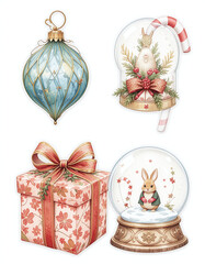 Christmas decorations including tree bauble, snow globe with cute animal, and holiday gift. Festive colorful design on white background