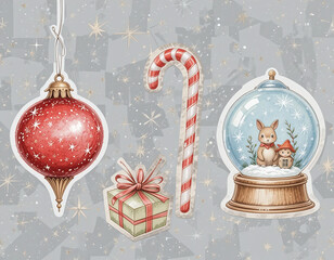 Christmas decorations including tree bauble, snow globe with cute animal, and holiday gift. Festive colorful design on white background