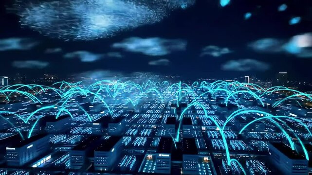 Aerial view of a futuristic data center with thousands of glowing servers, data streams flowing between buildings as glowing lines, digital clouds forming above, cinematic lighting, high-tech tones