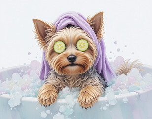 Cute Yorkshire Terrier in a bubble bath with cucumber slices on eyes and towel on head, relaxing spa atmosphere on white background