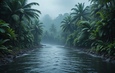 Colorful tropical rainforest scene with heavy rain, palm trees, and a dark moody evening atmosphere under cloudy skies