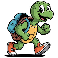 Cute Turtle Going to School with Backpack – Fun Cartoon Animal Vector Illustration Isolated on White