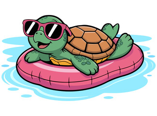 Funny cartoon turtle floating air balloon on water with sunglass.