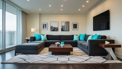 Modern living room with dark gray sectional sofa and teal accent pillows.