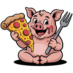 a cut pig animal character vector eating pizza slices on white spoon background. Pig, Animal, First Food, Character, Mascot, Logo, Illustration.